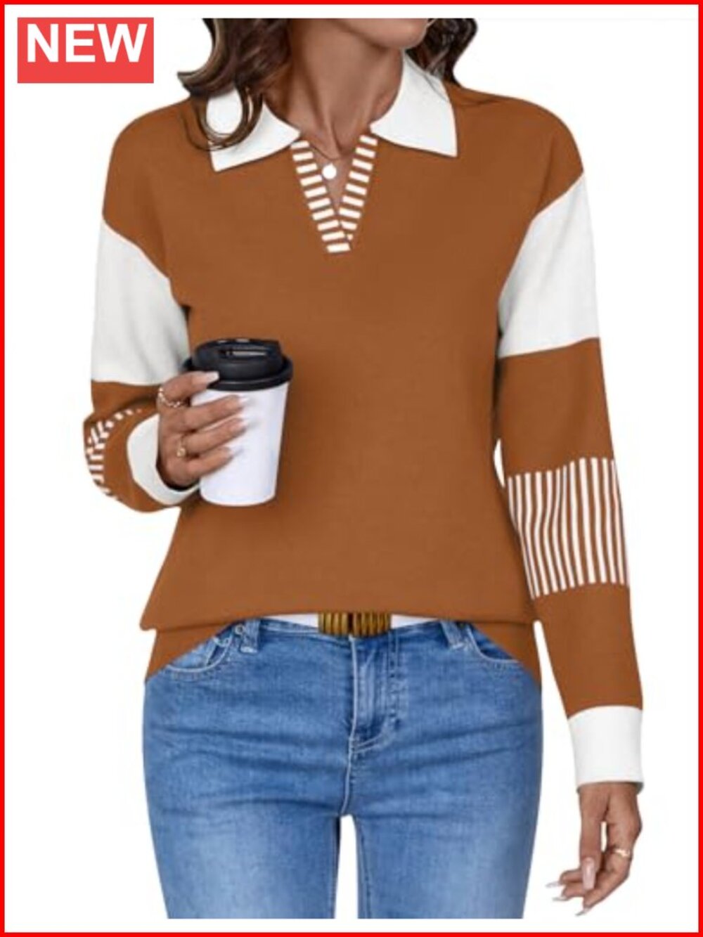 V Neck Long Sleeve Loose Sweater Color Block Striped Knitted Pullover
